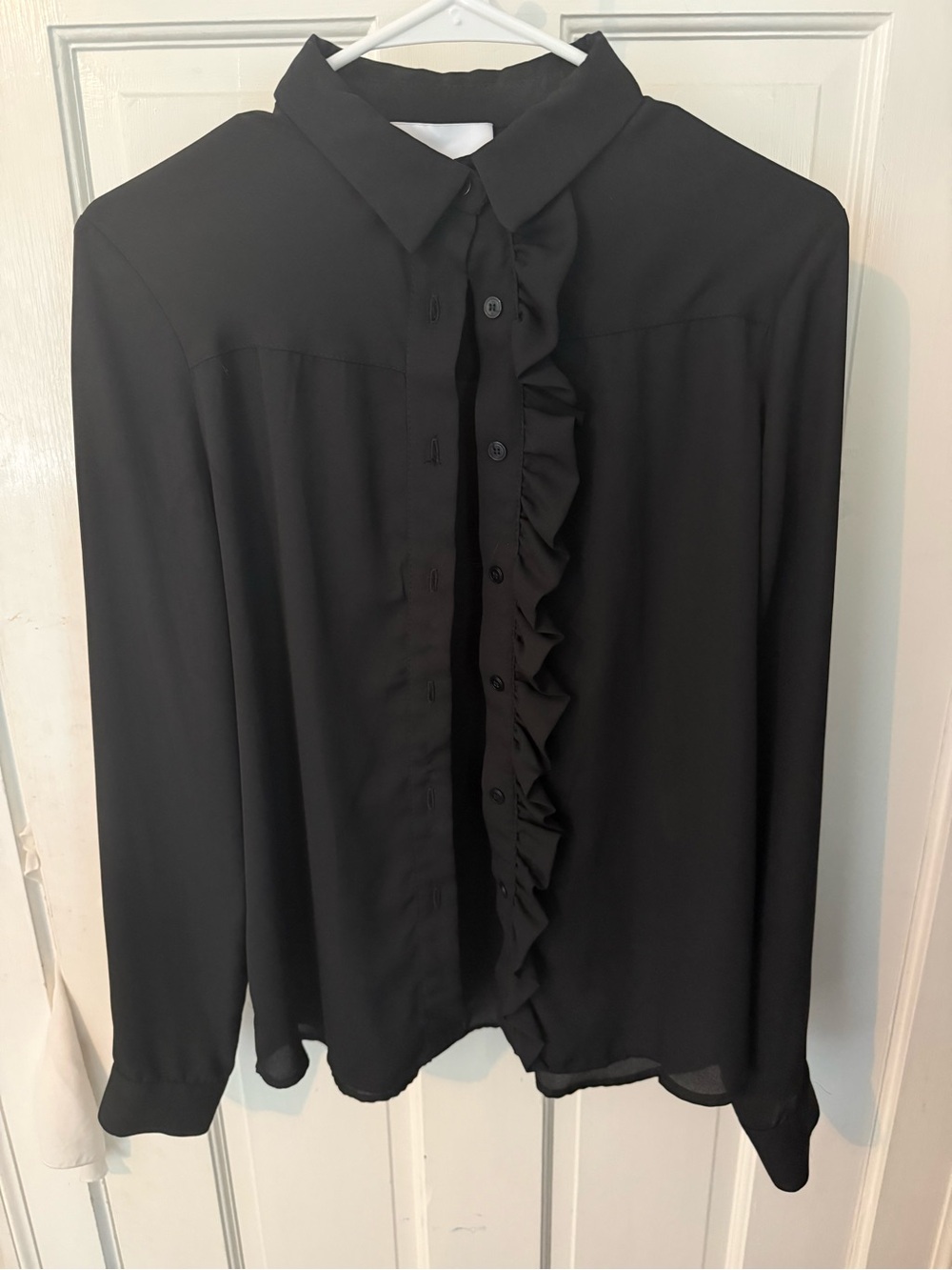 Black Ruffle Front Button-Up Blouse